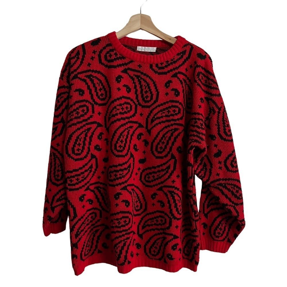 VTG Jamie Scott Red Black Paisley All Over Print Crewneck Sweater Women's Sz M